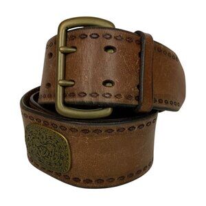 Fossil Genuine Leather Belt With Brass Buckle & Embossed Conchos Size Large Brow